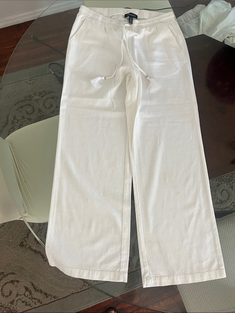 Ellen Tracy Cream Drawstring Wide-Leg Pants